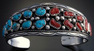 Vintage Old Pawn Silver Sleeping Beauty Turquoise Coral Bracelet By Ic 7j24p