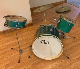 Vintage Roxy Hamburg Western Germany Drum Set Sparkle Green Drums Cymbals