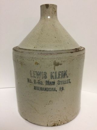 Antique Lewis Klein 9 N Main St Shenandoah Pa Stoneware Whiskey Jug Crock Rare