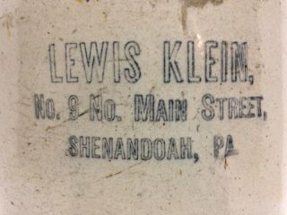 Antique LEWIS KLEIN 9 N MAIN ST SHENANDOAH PA Stoneware Whiskey Jug Crock RARE 2