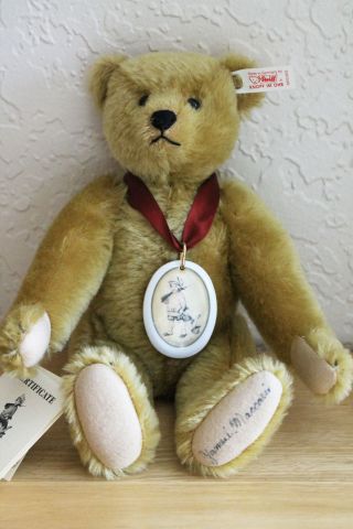 Signed Steiff Teddy Bear,  " Delighted,  " 150th Birthday,  12 In.  Gold Mohair