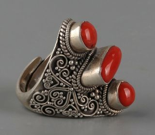Chinese Exquisite Handmade Silver Mosaic Coral Thumb Ring