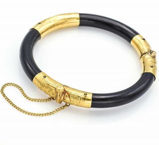 Antique 24k Yellow Gold Black Coral Hinged Bracelet 16.  4 Gr 6.  5 Inches