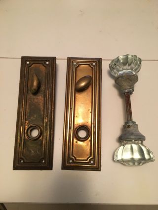 Vintage Pair 12 Pt Crystal Door Knobs With 2 Brass Back Plates