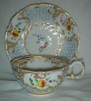 QUALITY ANTIQUE HR DANIEL MOULDED CUP & SAUCER HAND PAINTED FLOWERS 4630 12