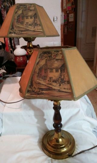 Antique Set Of 2 Lamps Brass And Wood With Heavy Paper Shades