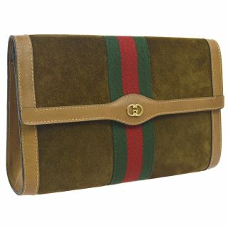 Auth Gucci Shelly Line Clutch Hand Bag Brown Suede Leather Vintage Bt16383