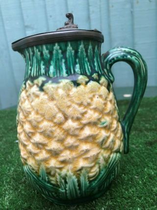 19thc Majolica Pineapple & Leaf Pitcher Or Jug With Pewter Lid C1880s