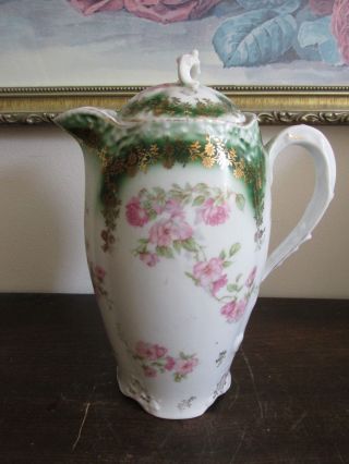 Antique Z.  S.  & Co Bavaria Germany Chocolate Tea Pot Green Pink Roses Gold