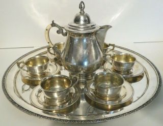 Vintage Persian Solid Silver 14 Pc Tea Set Cups Saucers Pot And Tray 1685 Grams