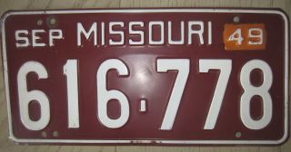 Vintage 1949 Missouri License Plate W/ Tab 616 - 778
