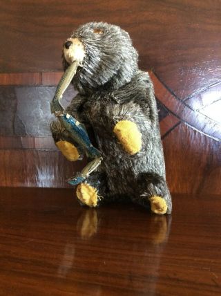 Vintage Japan Wind Up Bear With Tin Litho Fish In Mouth