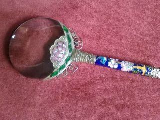 Oriental Enamel Pink Lotus Magnifying Glass Large 8 Inches Antique Looking