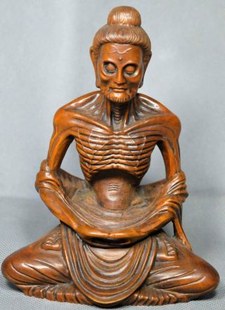 Collectable Boxwood Carve Closed Eyes Medite Arhat Buddha Auspicious Old Statue