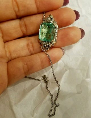 6.  0 CT EMERALD & DIAMOND 14k gold NECKLACE PENDANT VINTAGE HUGE 8