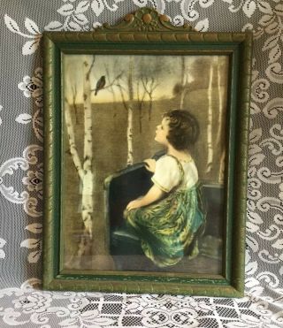 Vintage Picture Young Girl Gazing/looking At Bird,  Frame 14”x18.  5”