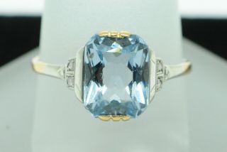 Art Dec (ca.  1915) 18k Yellow Gold And Platinum Aquamarine Ring W/ Diamonds 8.  25