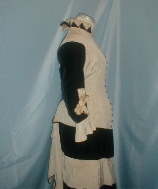 Antique Dress 1880 Evening Gown Ivory Printed Silk Black Velvet Bustle Dress 2