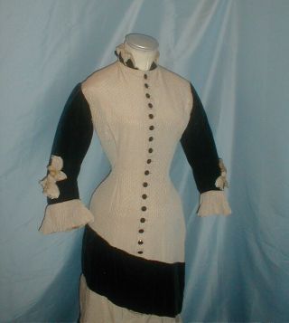 Antique Dress 1880 Evening Gown Ivory Printed Silk Black Velvet Bustle Dress 5
