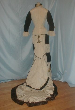 Antique Dress 1880 Evening Gown Ivory Printed Silk Black Velvet Bustle Dress 6