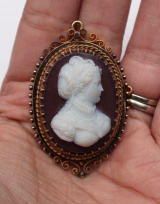 Antique French Carved Sardonyx Stone Cameo 14kt Gold Brooch Pin Pendant,  Nr