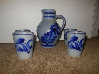 Neuensteiner Salt Glaze Stoneware Pottery Pitcher W/cobalt Blue & 4 Glasses