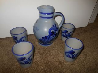 Neuensteiner Salt Glaze Stoneware Pottery Pitcher W/Cobalt Blue & 4 Glasses 2