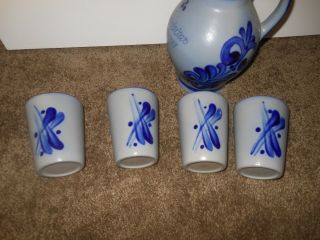 Neuensteiner Salt Glaze Stoneware Pottery Pitcher W/Cobalt Blue & 4 Glasses 4