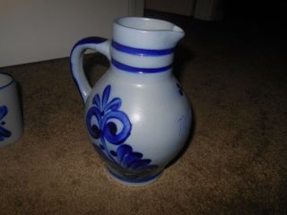 Neuensteiner Salt Glaze Stoneware Pottery Pitcher W/Cobalt Blue & 4 Glasses 8