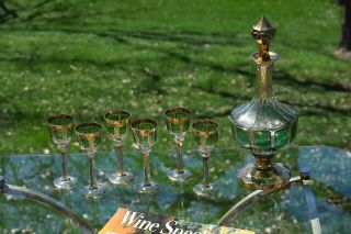 Vintage MOSER (?) Crystal Emerald Green and Gold Wine Decanter & 6 Wine Glasses 11