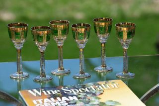Vintage Moser (?) Crystal Emerald Green And Gold Wine Decanter & 6 Wine Glasses