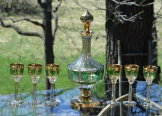 Vintage MOSER (?) Crystal Emerald Green and Gold Wine Decanter & 6 Wine Glasses 2