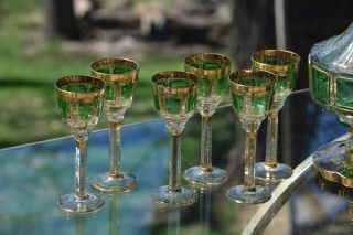 Vintage MOSER (?) Crystal Emerald Green and Gold Wine Decanter & 6 Wine Glasses 5