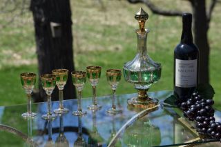 Vintage MOSER (?) Crystal Emerald Green and Gold Wine Decanter & 6 Wine Glasses 9