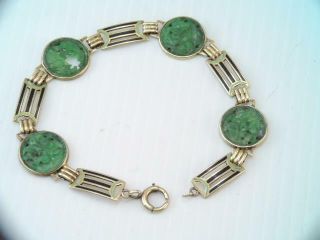 Gorgeous Antique Art Deco 14k Gold Enamel Carved Jade Stone Bracelet Stunning