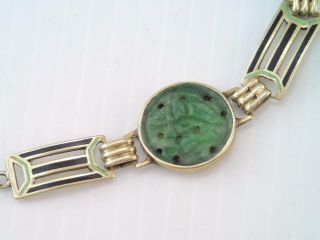 GORGEOUS ANTIQUE Art Deco 14K GOLD ENAMEL CARVED JADE STONE BRACELET STUNNING 7