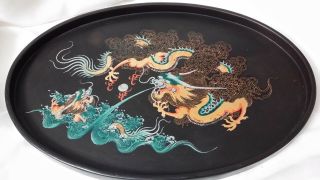 Vintage Chinese Black Lacquered Hand Painted Oval Tray,  Possibly Bakelite?