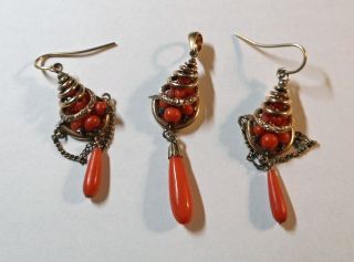 Victorian 14k Yellow Gold & Coral Pierced Earring & Pendant Suite