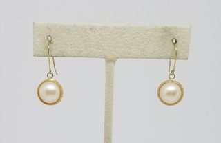 Vintage Estate Mikimoto 18k Yellow Gold 10mm Pearl Halo Drop Dangle Earrings