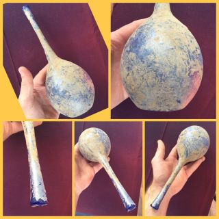 Rare Ancient Roman Large Blue Glass Shaped Bottle,  2nd To 4th Century Ad