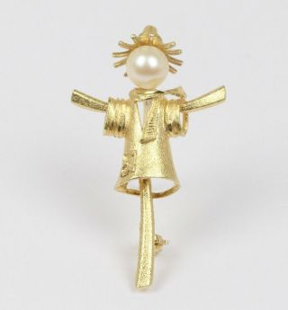 Vintage 14k Gold And Pearl Scarecrow Brooch Pin