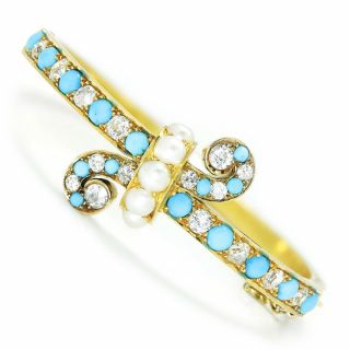 Retro Diamond Bangle With Pearls & Turquoise 18k Gold 2.  60ctw