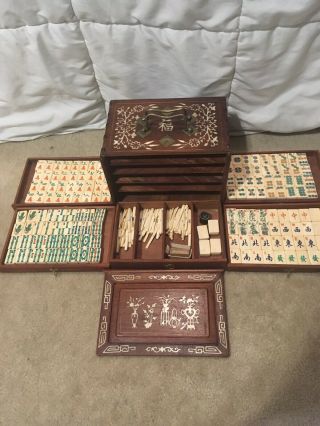 1920s Antique Bone and Bamboo Mahjong Set with Inlaid Box 2