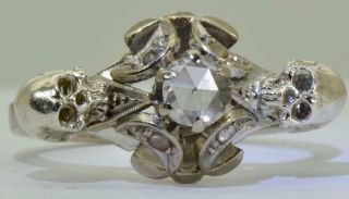 Rare Antique 14k White Gold&0.  3ct Diamond Memento Mori Skull Engagement Ring