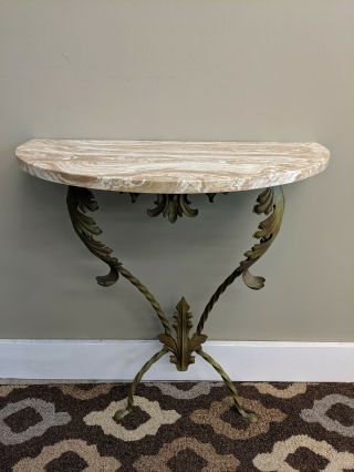 Vintage Hollywood Regency Wall Mount Foyer Console Table Half Moon Marble Top