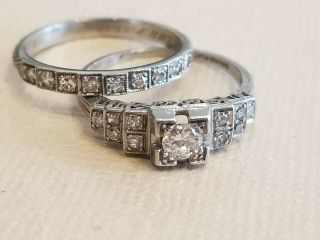 Antique Vintage Art Deco Platinum Diamond Engagement Ring & Wedding Band Set