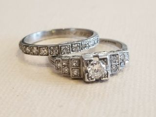 Antique Vintage Art Deco Platinum DIAMOND Engagement Ring & Wedding Band Set 2
