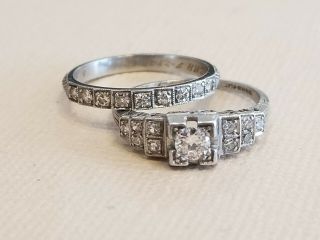 Antique Vintage Art Deco Platinum DIAMOND Engagement Ring & Wedding Band Set 3