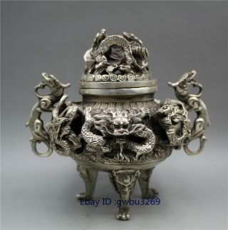 Vintage Oriental Tibetan Silver Censer Hand Carved 9 Dragon Incense Burner