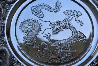 Rare Wang Hing Export Silver C.  1890 Silver Footed Dragon Chasing Pearl Dish